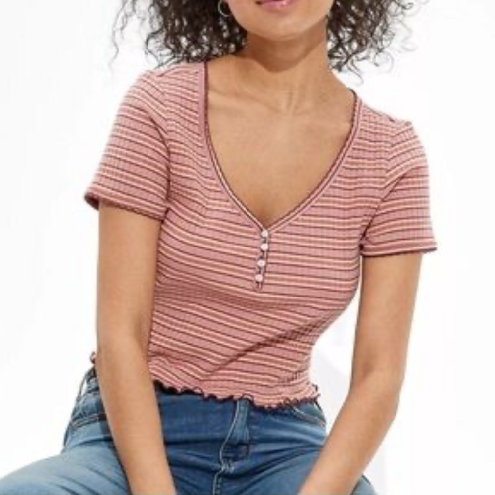 American Eagle Outfitters Red Pink Stripe Y2K Short Sleeve V Neck Tee Shirt LG